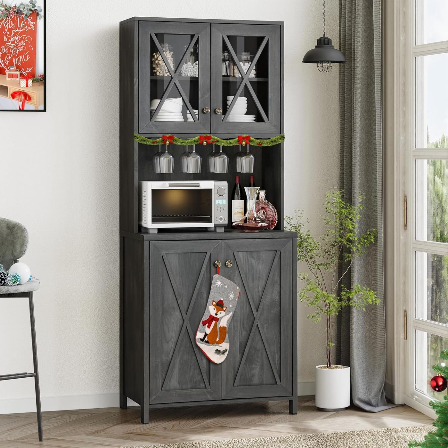 Kitchen Pantry Cabinet Storage with Microwave Stand, 67'' Tall Pantry Buffet Cabinet w/Acrylic Glass Doors and Glass Holder, Freestanding Hutch Cupboard