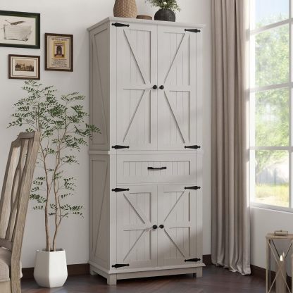 72" Tall Farmhouse Pantry Cabinet, Kitchen Storage Cabinet with Drawer and 2 Barn Doors