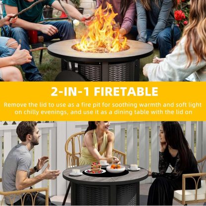 Propane Fire Pit Table 30 Inch Outdoor Round Gas Firepit 50,000 BTU Auto-Ignition Gas Fire Pits for Outside Patio Ceramic Tabletop fire Pit with Lid