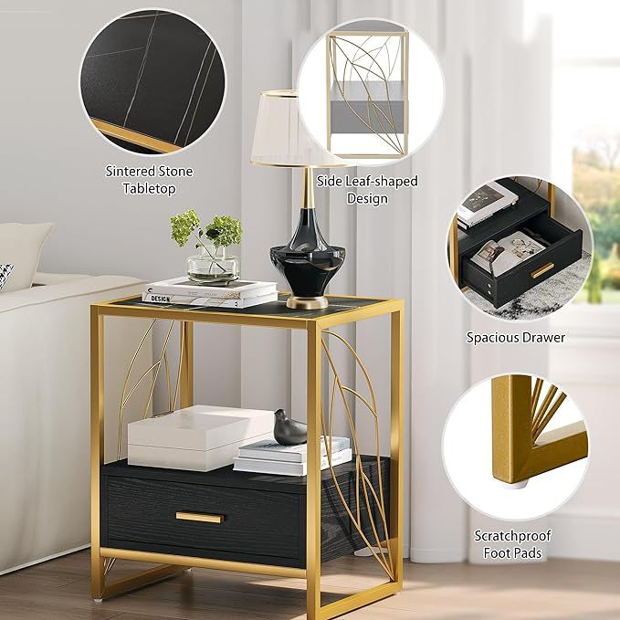 Black End Table, 20" Modern Side Table with 2 Shelf and Drawer