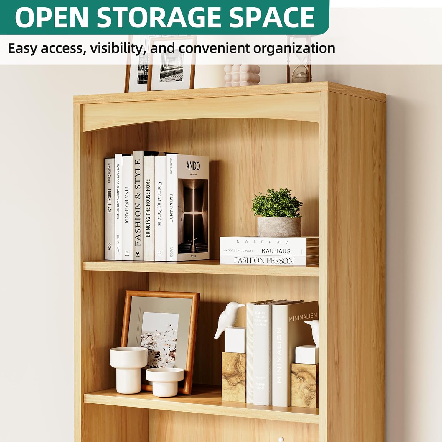 Rattan Bookshelf with Storage, 5 Tier Bookcase with 2 Drawers and Doors, 71" Tall Book Case Rattan Storage Cabinet