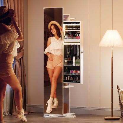 Jewelry Mirror Cabinet with Lights Full Length Mirror Jewelry Armoire LED Jewelry Organizer with 1 Coat Hanger, 4 Hooks, Standing Jewelry Armoires with Storage Shelves