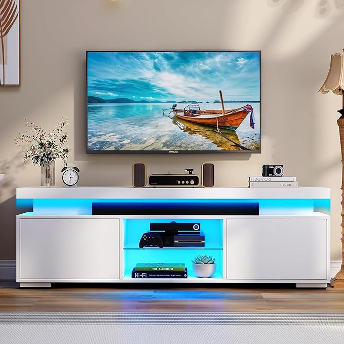 White TV Stand with LED Lights and Power Outlet, Modern Entertainment Center for 55/60/65 Inch