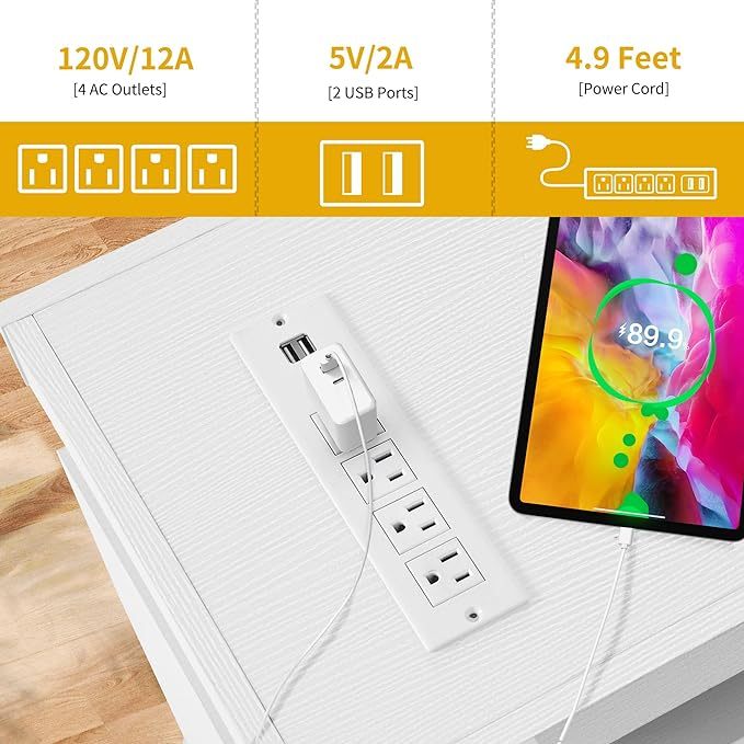 White TV Stand with LED Lights and Power Outlet