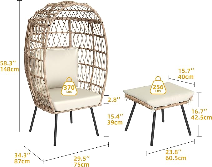Outdoor Egg Chair with Ottoman for Outdoor Indoor, Wicker Egg Chair with Cushion