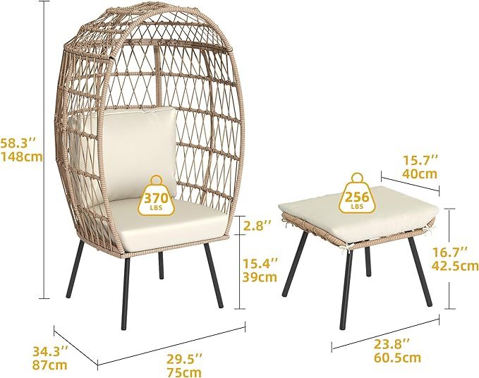 Outdoor Egg Chair with Ottoman for Outdoor Indoor, Wicker Egg Chair with Cushion