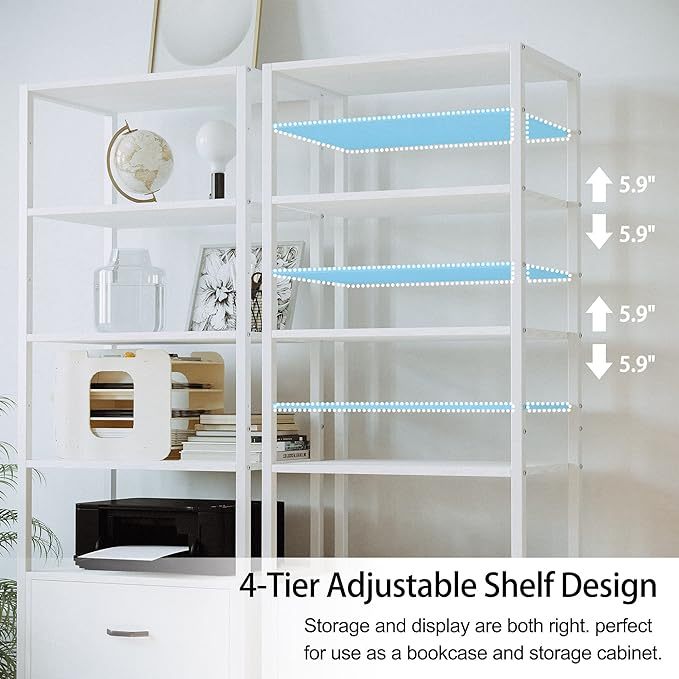 71.6 in Tall Bookshelf 5 Tier, Freestanding Storage Home Office Cabinet Organizer, Rustic Home Decor, White