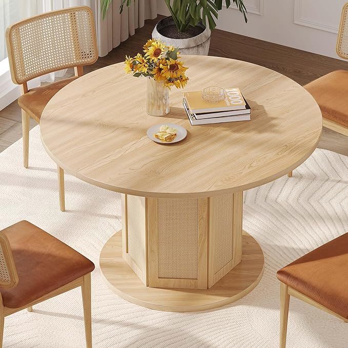 Round Dining Table for 4-6 People, 47 Inch Farmhouse Kitchen Table with Rattan Circular Base