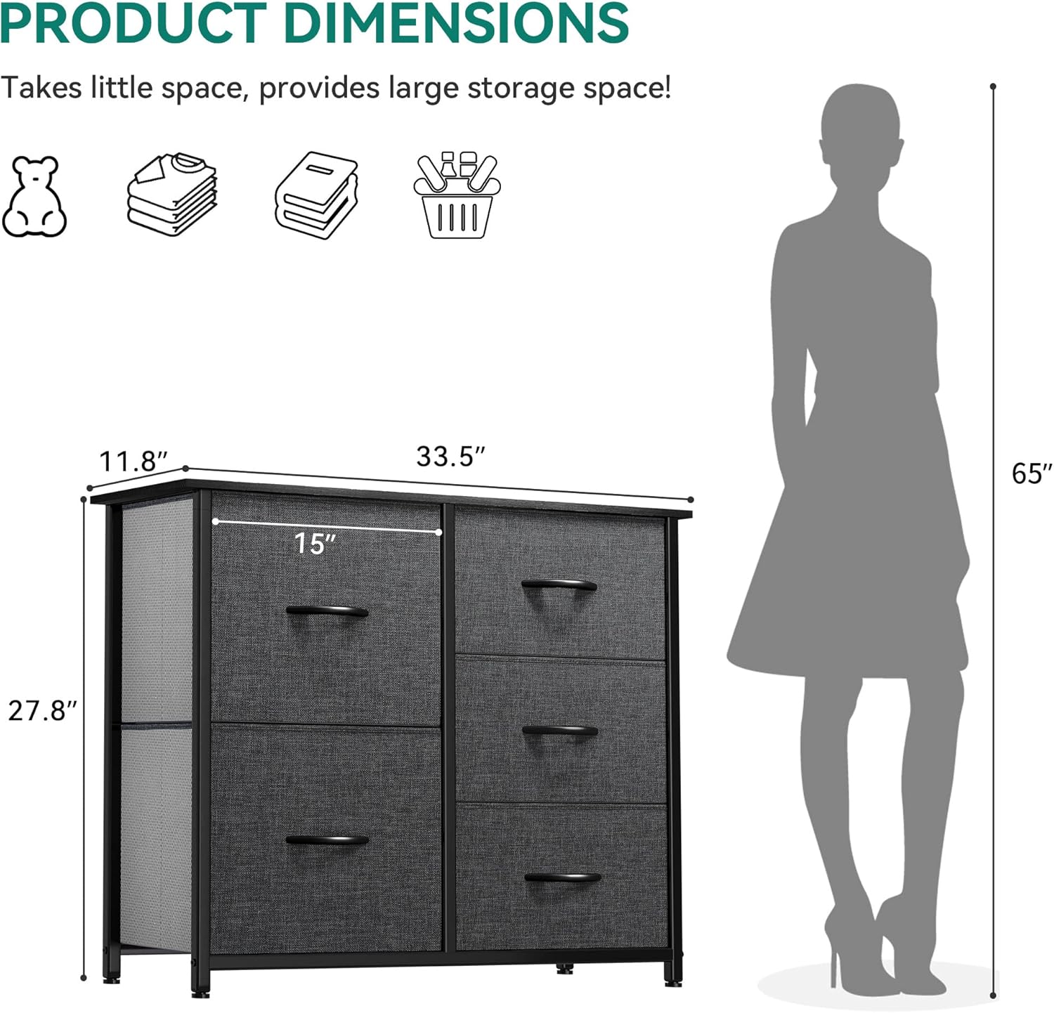 Dresser for Bedroom with 5 Drawers, Wide Bedroom Fabric Dresser with Storage Bins