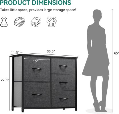 Dresser for Bedroom with 5 Drawers, Wide Bedroom Fabric Dresser with Storage Bins