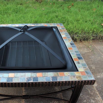 30 inch Fire Pits Table for Outside with Real Slate, Wood Burning Outdoor Fire Pit with Waterproof Cover & Fire Poker& Log Grate& Spark Screen