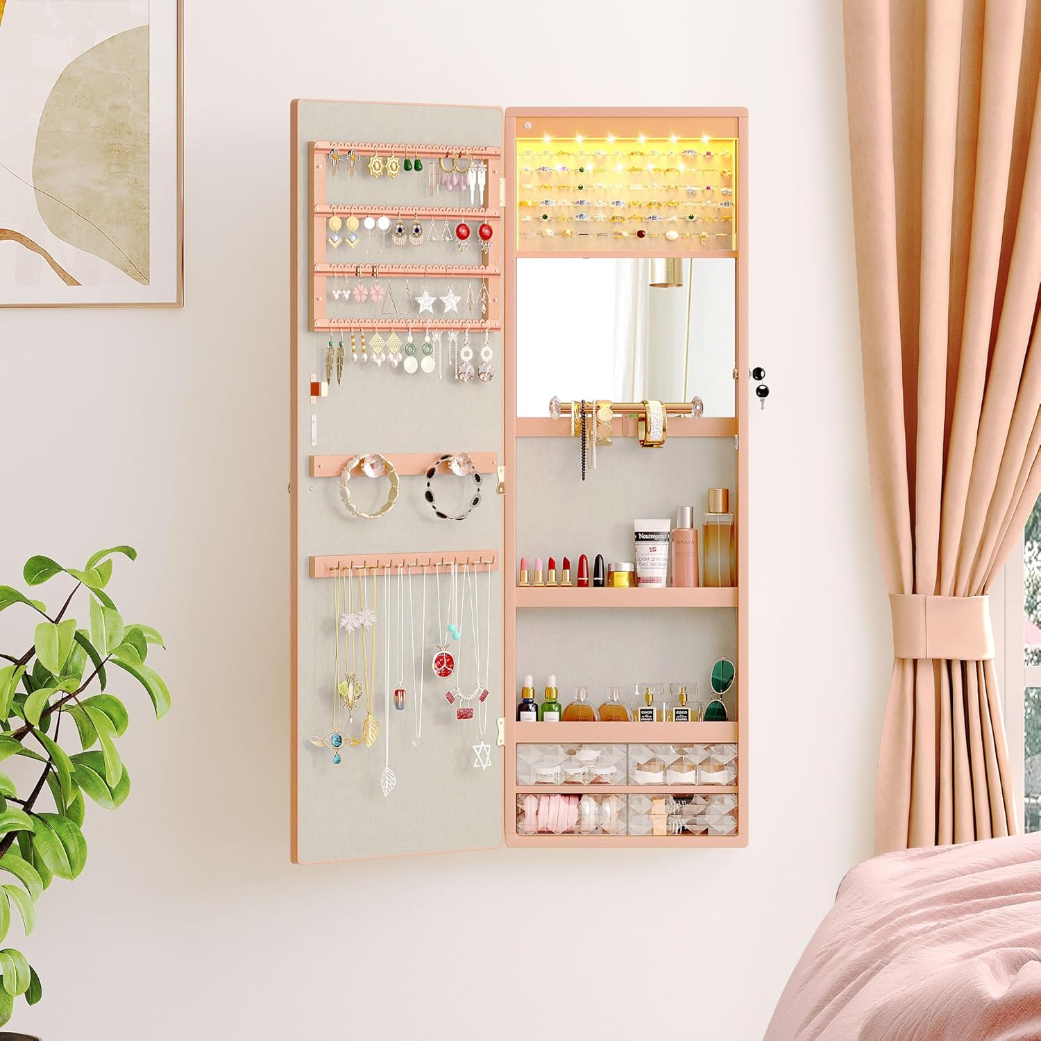 Mirror Jewelry Cabinet Wall Mounted Jewelry Cabinet, Door Hanging LED Jewelry Organizer with Full Length Mirror/Built-in Makeup Mirror/4 Drawers