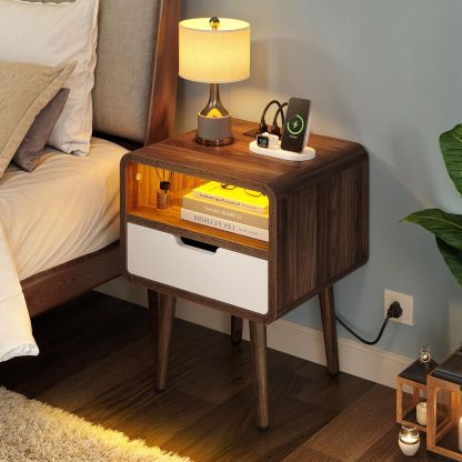 Small Nightstand with Charging Station, Wood Night Stand with Drawer for Bedroom, LED End Table Side Table with Open Shelf