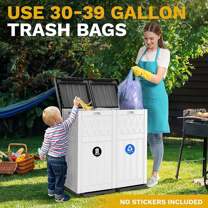 66 Gallon Double-Bin Outdoor Trash Can, Waterproof Resin Garbage Can