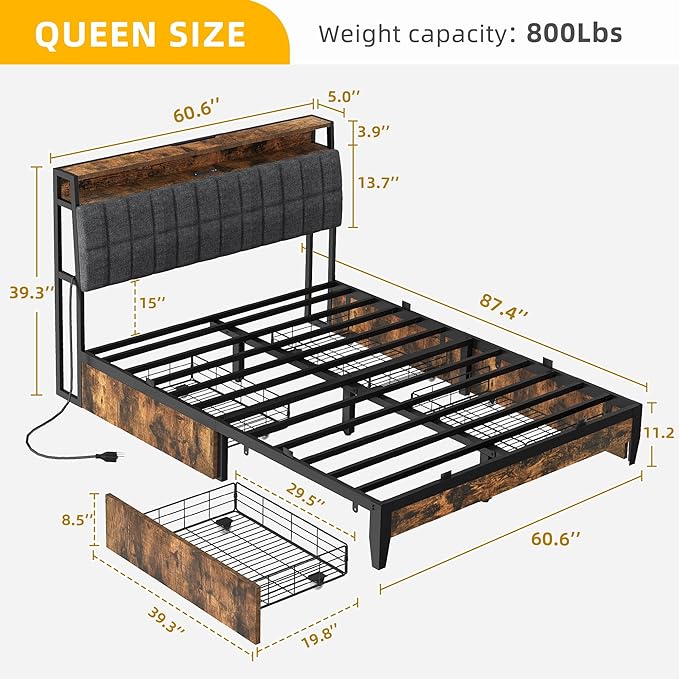 Queen Size Bed Frame, Upholstered Platform Bed Frame with Charging Station