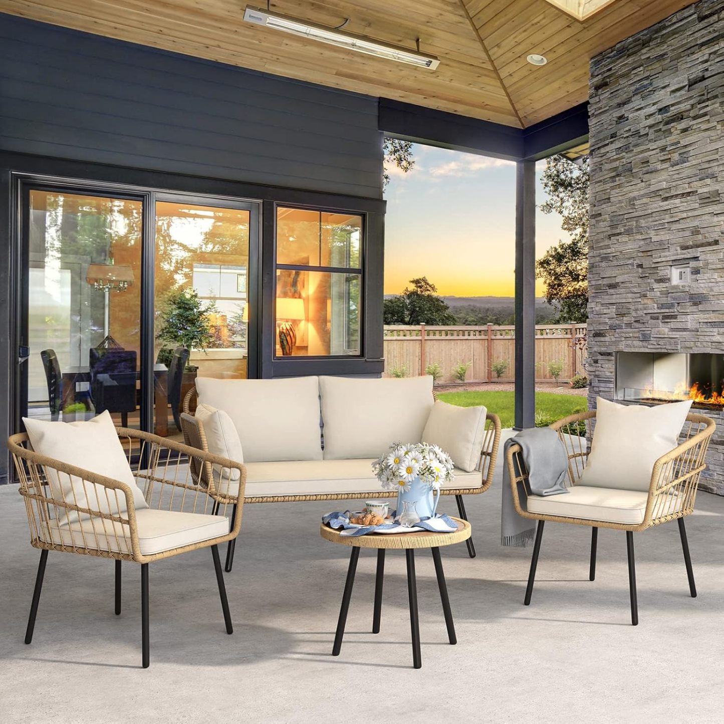4 Pieces Patio Furniture Set, Wicker Balcony Bistro Set, Outdoor All-Weather Rattan Conversation Set