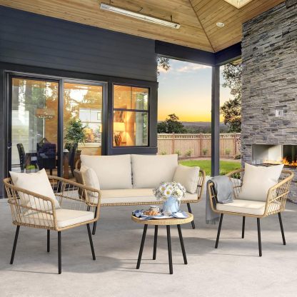 4 Pieces Patio Furniture Set, Wicker Balcony Bistro Set, Outdoor All-Weather Rattan Conversation Set