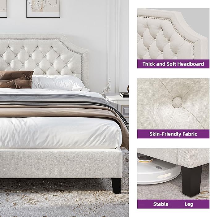 Queen Size Bed Frame with Adjustable Headboard