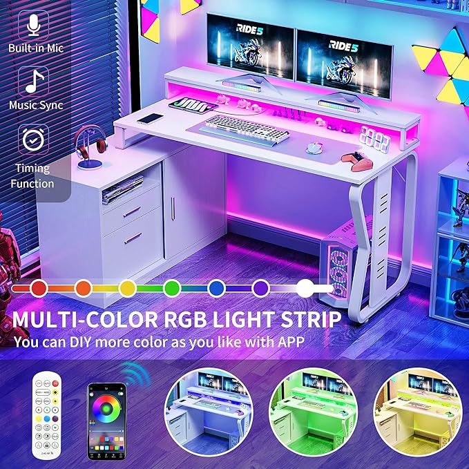 Reversible L Shaped Desk with Drawers, 55" Corner Computer Desk with Power Outlets