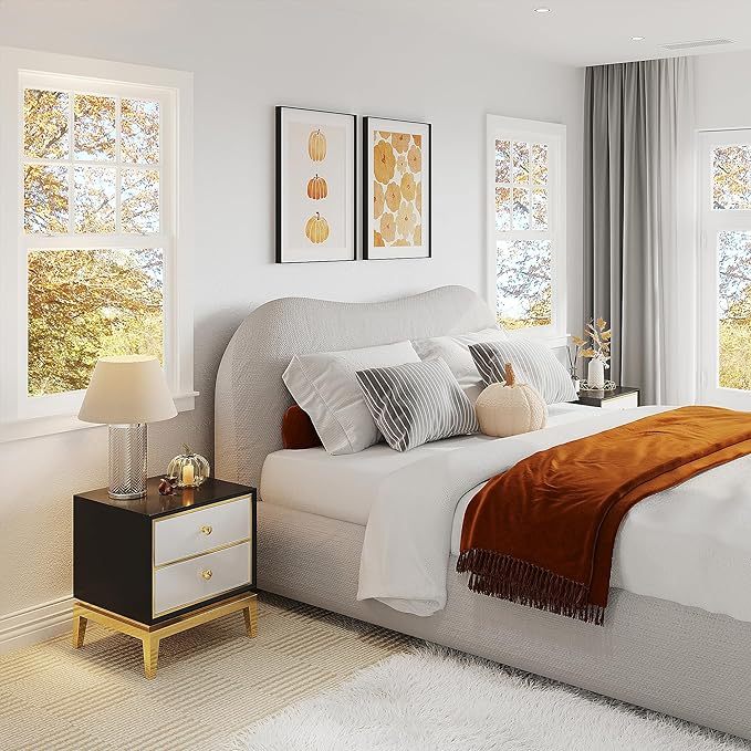 Gold and Black Modern Nightstand with Solid Wood Drawers Storage End Table