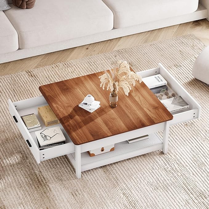 Square Coffee Table with 2 Drawers 2 Tier Shelf Wood Coffee Table