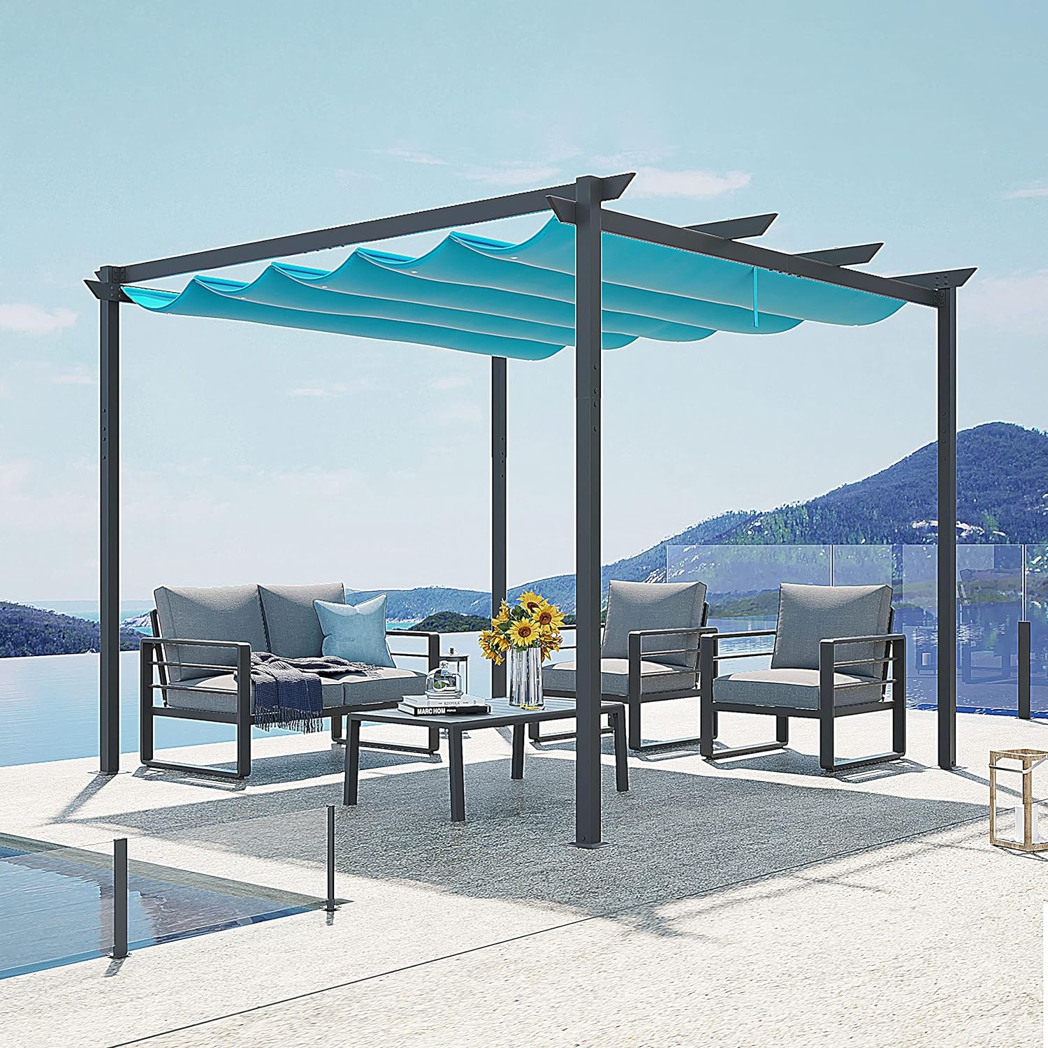 10’ x 10’ Outdoor Retractable Pergola with Sun Shade Canopy, Dark Gray Patio Aluminum Shelter Grape Trellis, Patio Gazebo Pergola