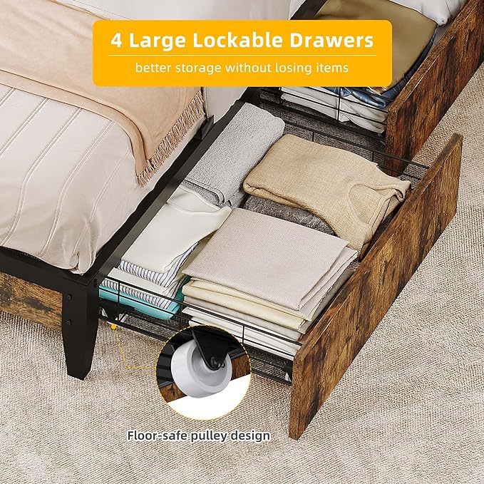 Queen Size Bed Frame, Upholstered Platform Bed Frame with Charging Station