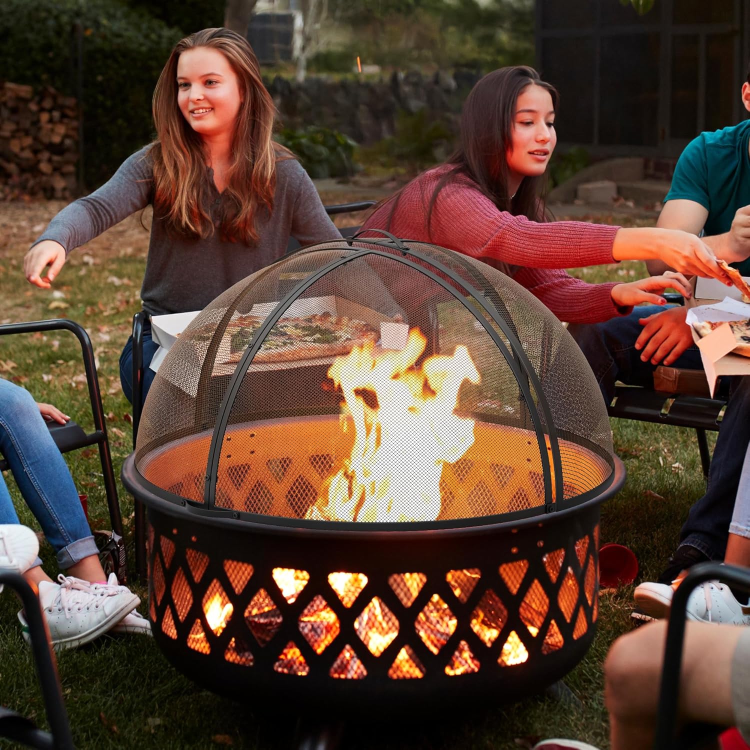 Heavy-Duty Fire Pit Spark Screen with Handle and Poker, Easy-Opening Metal Fire Pit Cover for 36-Inch Round Outdoor Fire Pits