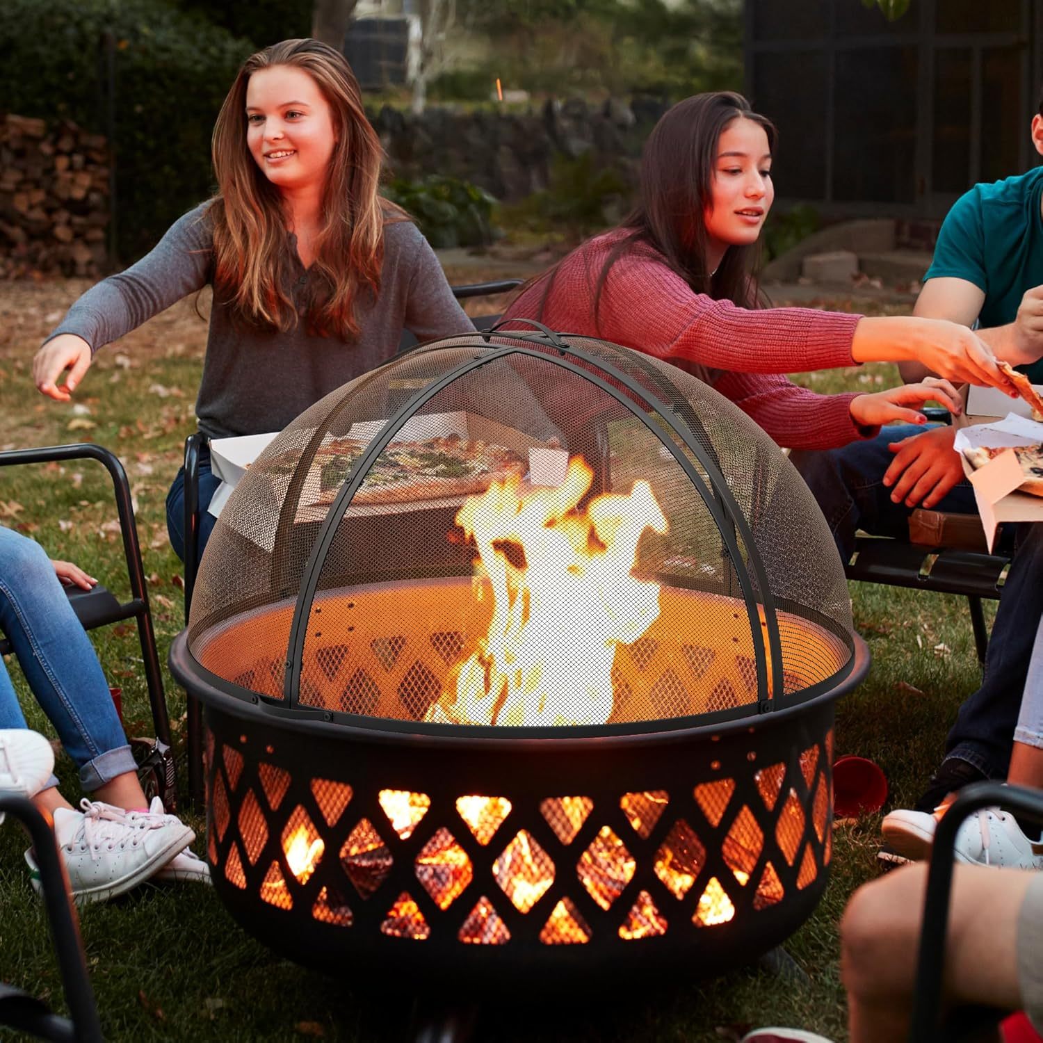 Heavy-Duty Fire Pit Spark Screen with Handle and Poker, Easy-Opening Metal Fire Pit Cover for 36-Inch Round Outdoor Fire Pits