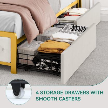 Queen Bed Frame with LED Lights, Platform Upholstered Bed with 4 Storage Drawers and Charging Station