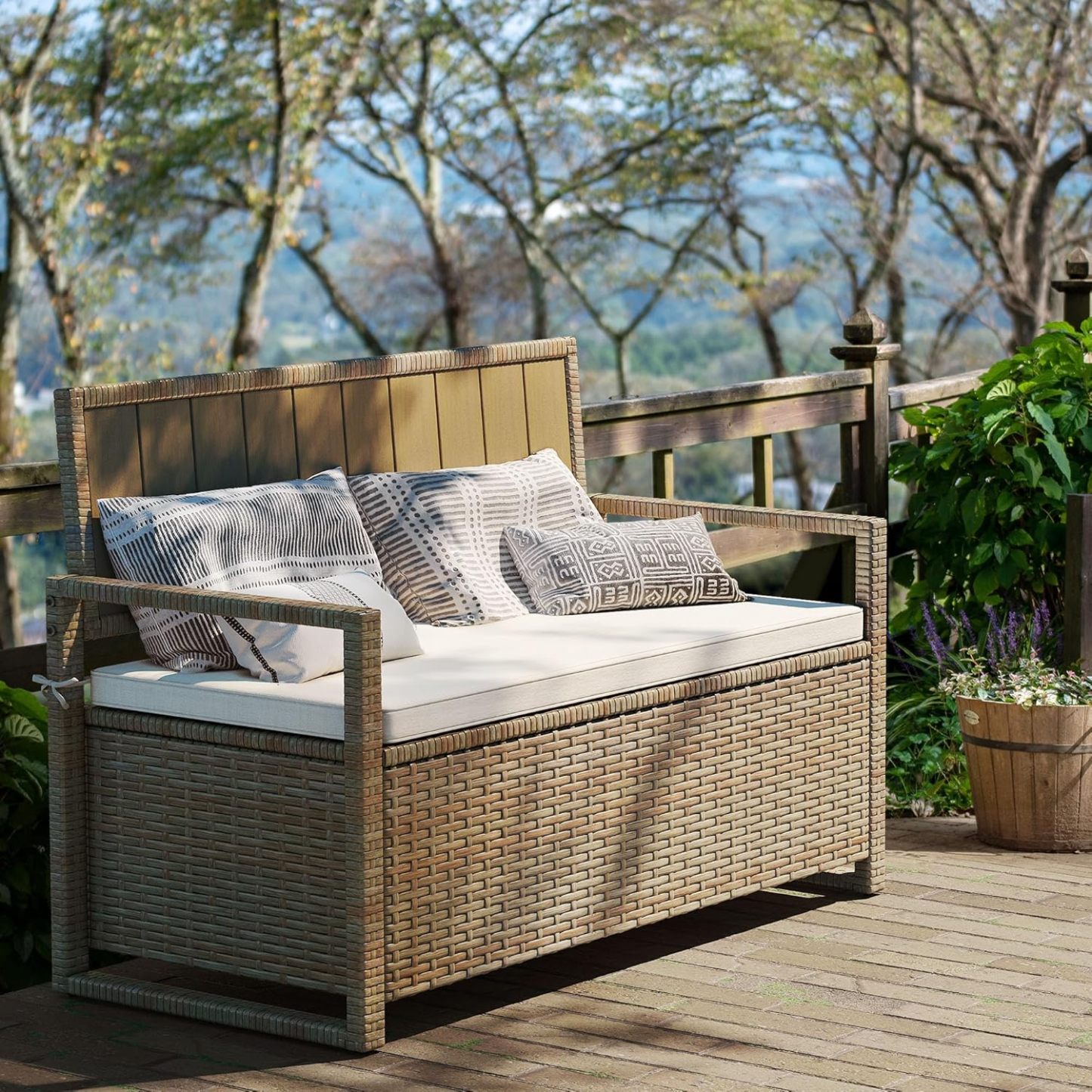 70 Gallon Outdoor Storage Bench, All-Weather PE Rattan Deck Box, Wicker Storage Seat Box