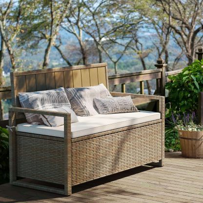 70 Gallon Outdoor Storage Bench, All-Weather PE Rattan Deck Box, Wicker Storage Seat Box