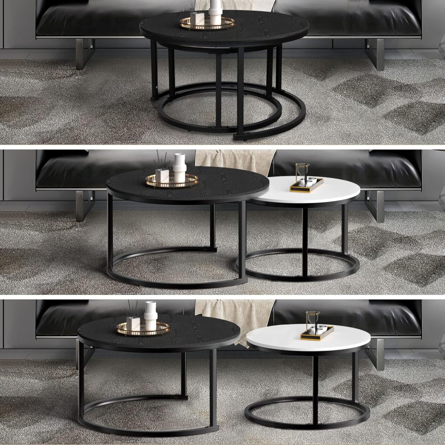 Round Coffee Table Set of 2 End Table for Living Room, Modern Nesting Side Tables Wood Coffee Tables