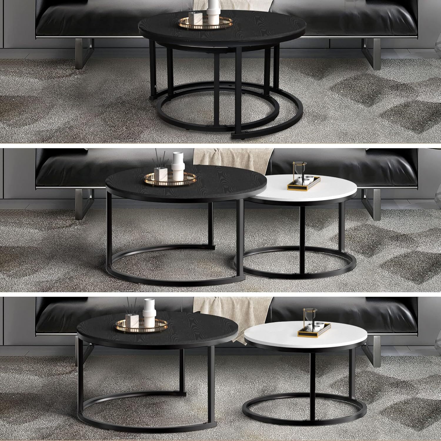 Round Coffee Table Set of 2 End Table for Living Room, Modern Nesting Side Tables Wood Coffee Tables
