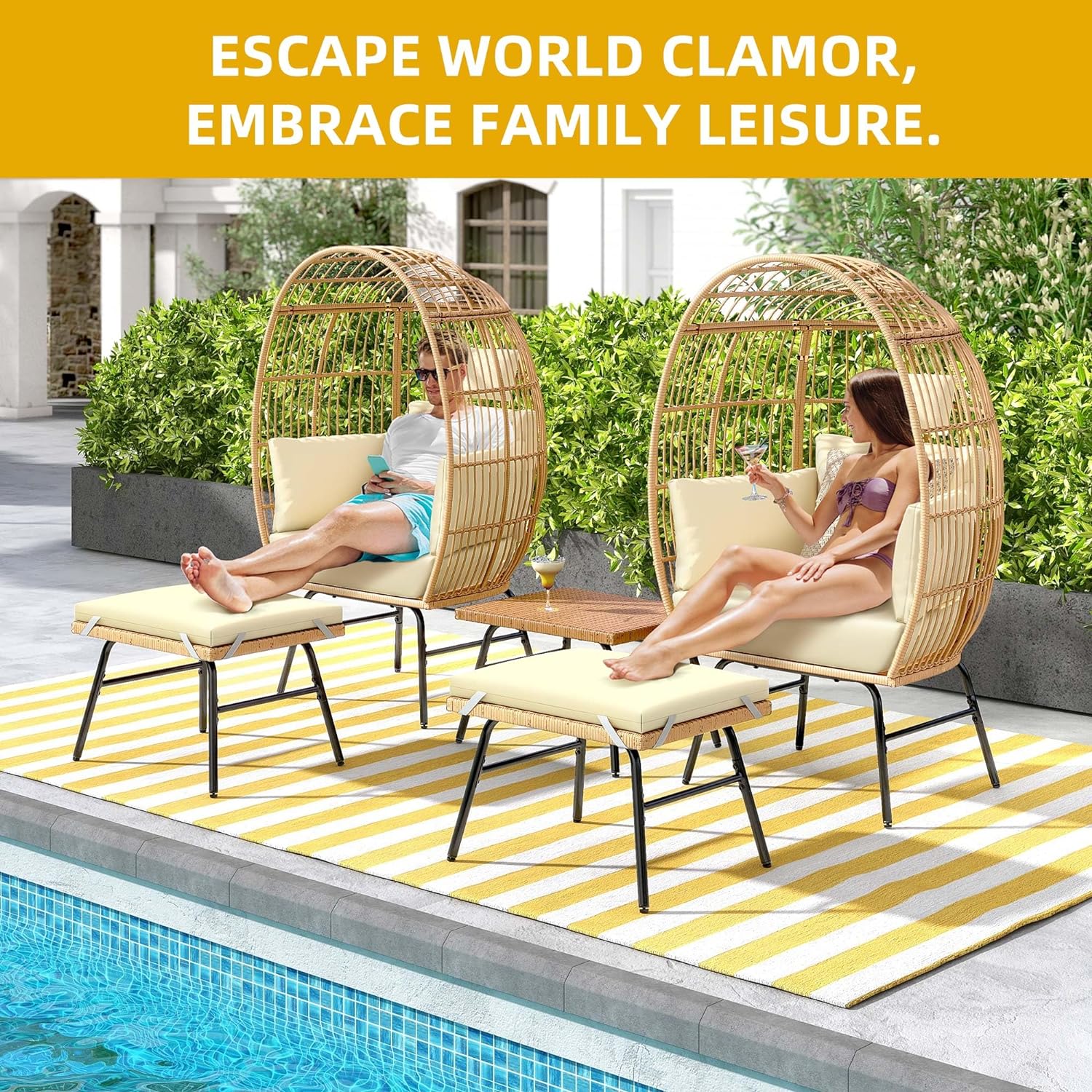 Outdoor Egg Chair with 2-in-1 Footrest, Patio Wicker Basket Chair with Ottoman