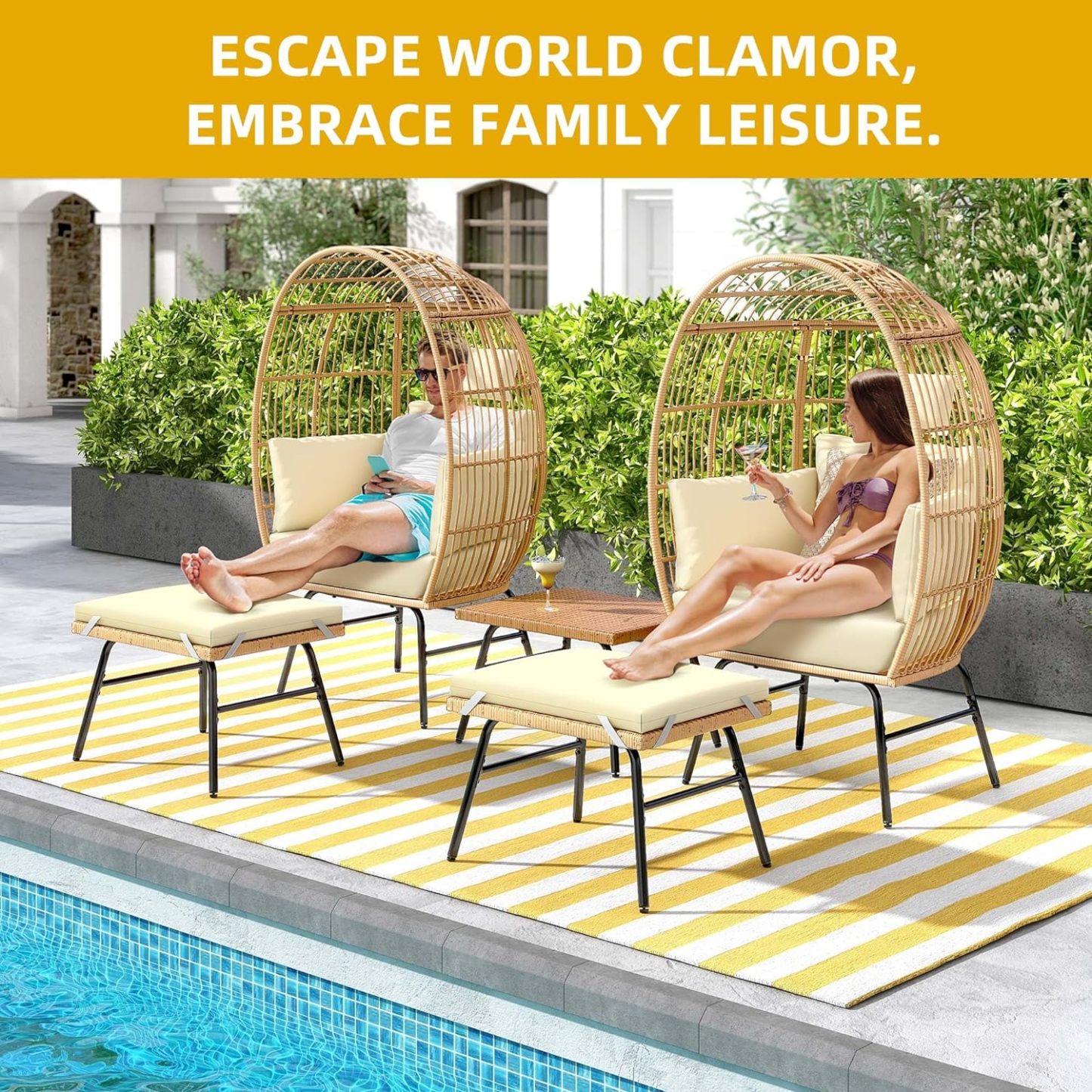 Outdoor Egg Chair with 2-in-1 Footrest, Patio Wicker Basket Chair with Ottoman