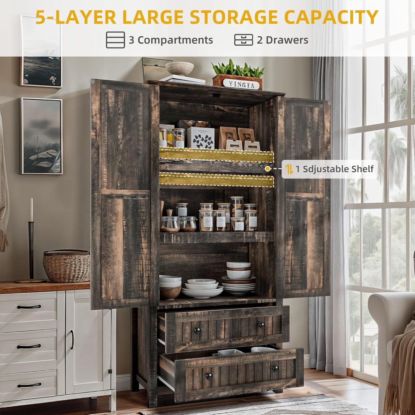 Farmhouse Kitchen Pantry Cabinet, 64.5" Tall Storage Cabinet with 2 Drawers & Adjustable Shelves, Ideal for Kitchen, Living Room, or Entryway, Dark Rustic