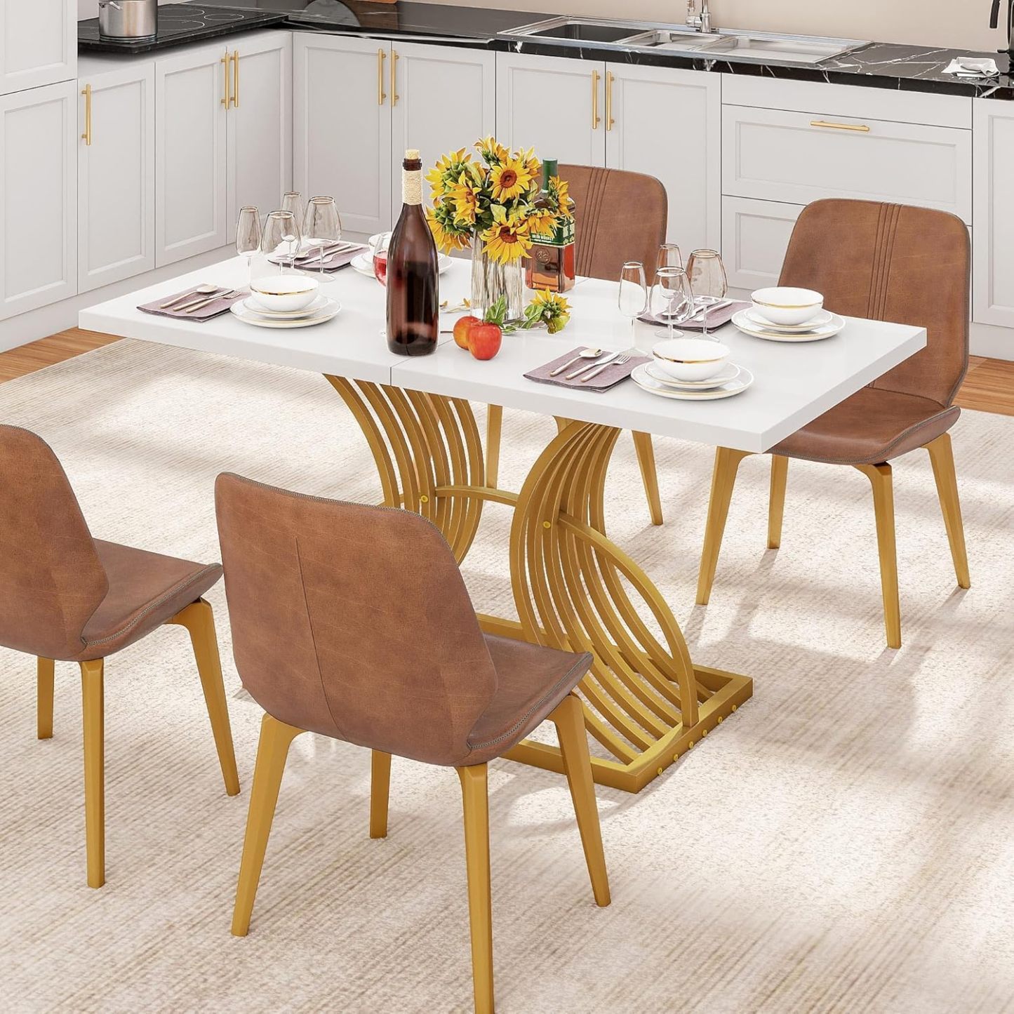 Dining Room Table 47 Inch Rectangle Dining Table for 4 Modern Kitchen Table White Dinner Table with Gold Leg for Home