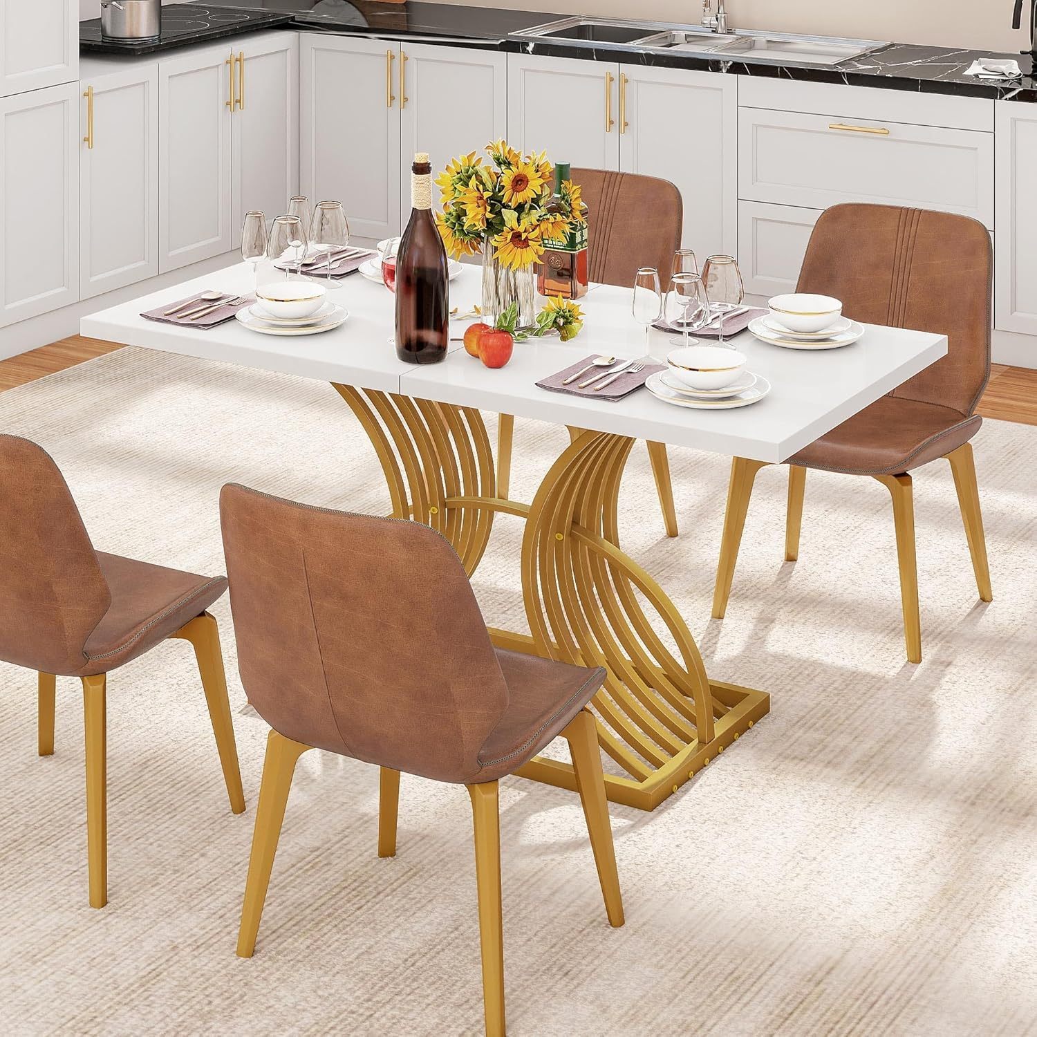 Dining Room Table 47 Inch Rectangle Dining Table for 4 Modern Kitchen Table White Dinner Table with Gold Leg for Home