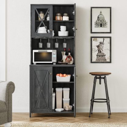 Kitchen Pantry Cabinet Storage with Microwave Stand, 67'' Tall Pantry Buffet Cabinet w/Acrylic Glass Doors and Glass Holder, Freestanding Hutch Cupboard