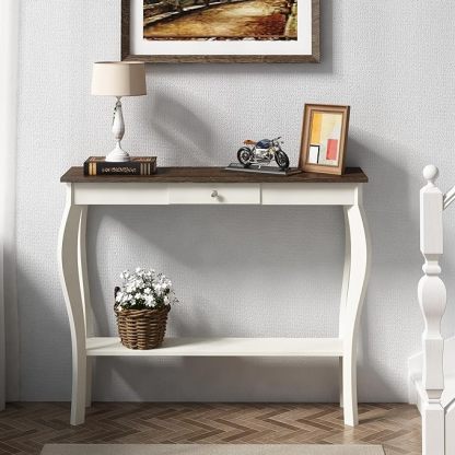 Narrow Farmhouse Console Table with Drawer, Chic Accent Sofa Entryway Table with Shelves for Entryway, Living Room, Hallway, Antique White & Brown