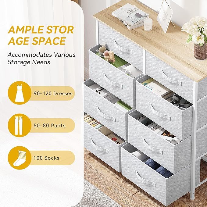 Dresser for Bedroom, Fabric Dresser with 8 Drawers, Tall Dresser, Double Dresser