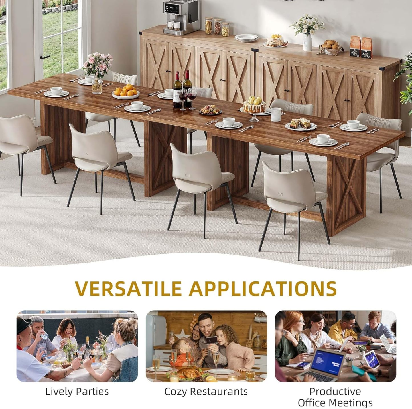 70.8" Large Farmhouse Dining Table for 6 to 8 People, Rustic Style Wood Dinner Table, Rectangular Dining Table for Kitchen