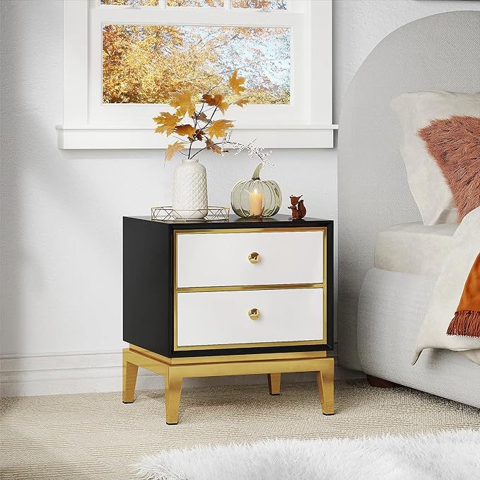 Gold and Black Modern Nightstand with Solid Wood Drawers Storage End Table