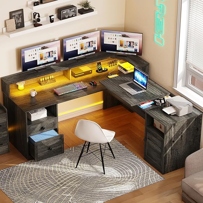L Shaped Desk with Drawers, 60” Corner Computer Desk with Power Outlets & Lift Top