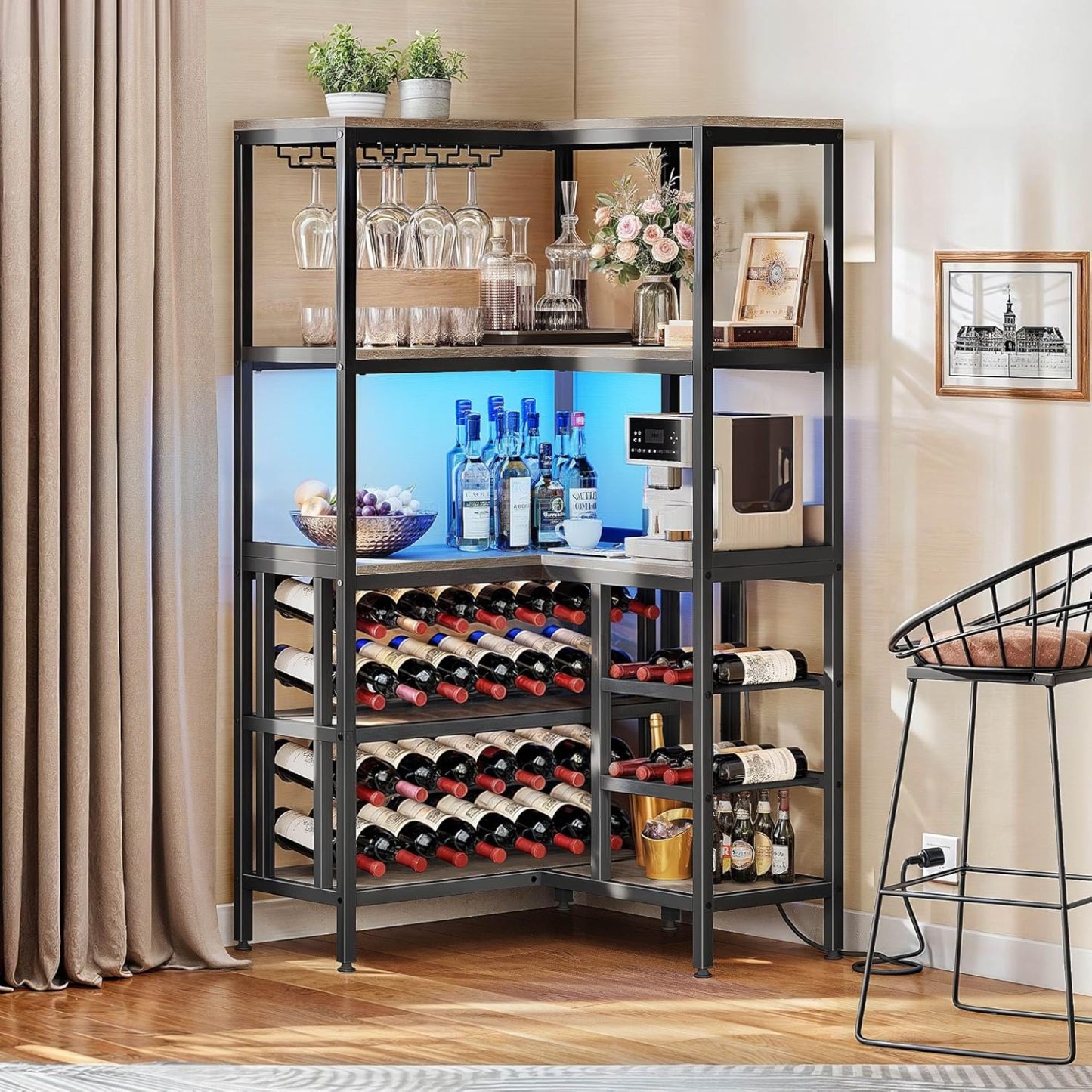 Large Corner Wine Rack, 63'' Corner Bar Cabinet with Power Outlet and LED Light, 5-Tier L Shaped Industrial Liquor Cabinet w/Glass Holder
