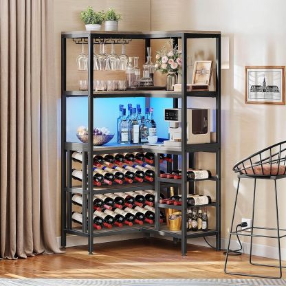 Large Corner Wine Rack, 63'' Corner Bar Cabinet with Power Outlet and LED Light, 5-Tier L Shaped Industrial Liquor Cabinet w/Glass Holder