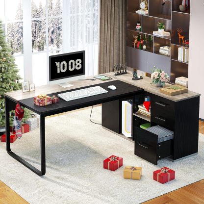71" Executive Desk with Power Outlets, L Shaped Desk with File Cabinet, Executive Desk with Drawers & Storage Shelves