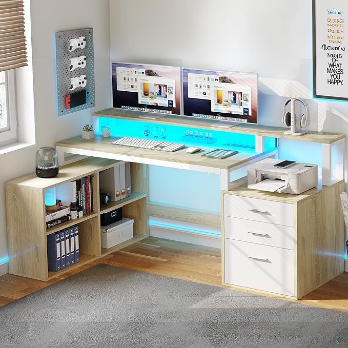 L Shaped Desk with Power Outlets, 65" Computer Desk Corner Desk with Drawers & Storage Shelves