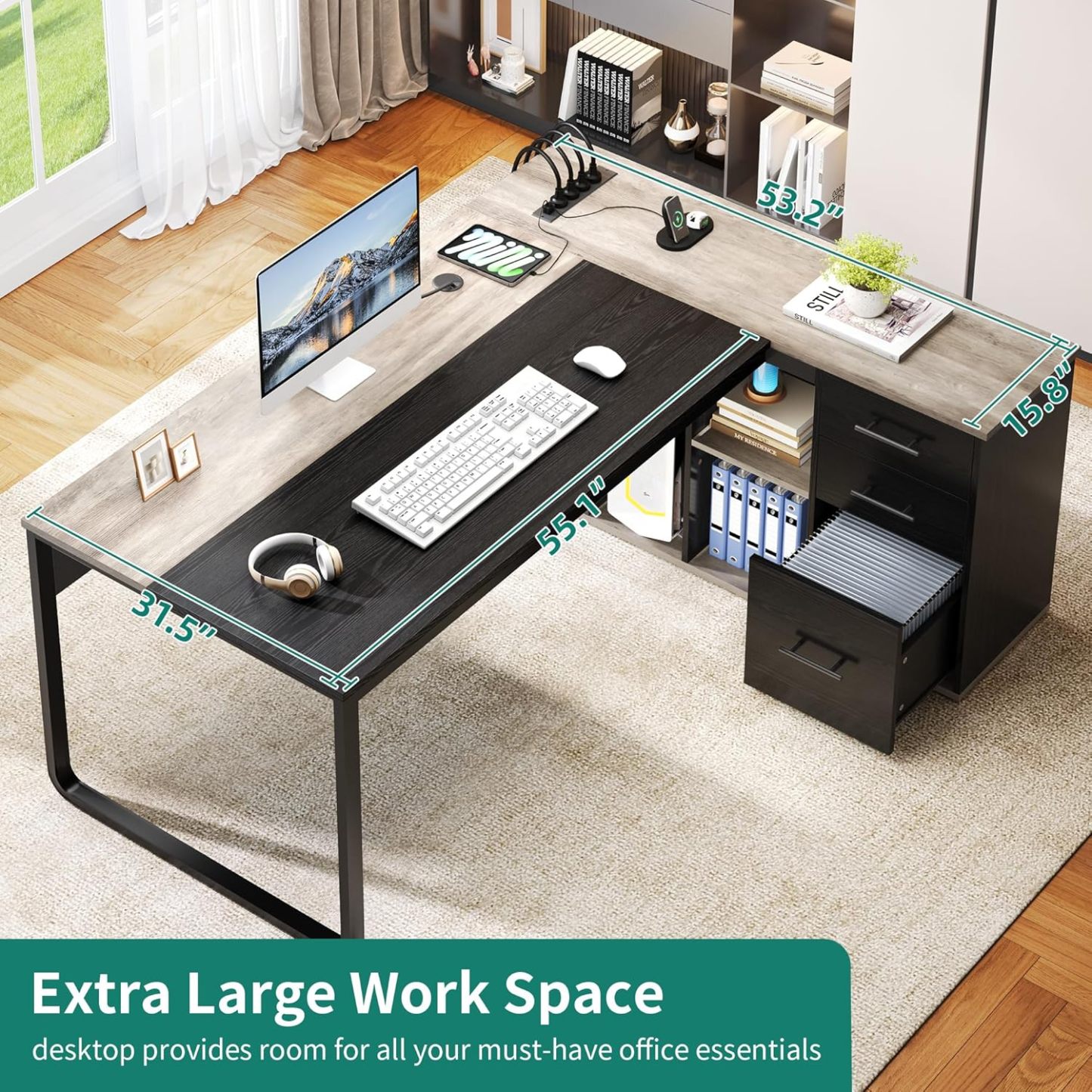71" Executive Desk with Power Outlets, L Shaped Desk with File Cabinet, Executive Desk with Drawers & Storage Shelves